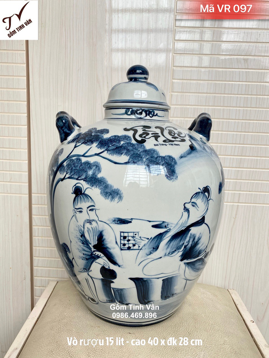 Chum ngâm rượu 15 lit men trắng vẽ tay cảnh lão vọng câu cá, sơn thuỷ hữu tình, có vòi nhựa, mã VR098,cao 40 đk 28 cm, hoa văn xanh lam cổ sang trọng, có 2 tai xách, trưng bày phòng khách, ngâm rượu ngon, gốm bát tràng tinh vân