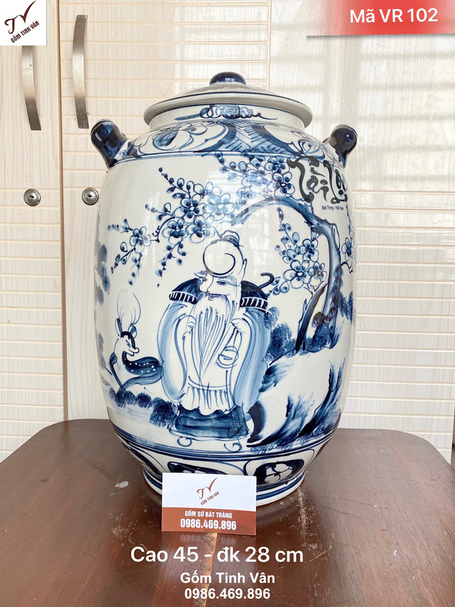 Chum ngâm rượu men trắng hoa văn xanh lam 20 lit, dáng bí, cảnh đoà thọ, cao 45 đk 28 cm, ngâm rượu ngon, trưng bày đẹp, dễ lấy rượu, gốm bát tràng cao cấp