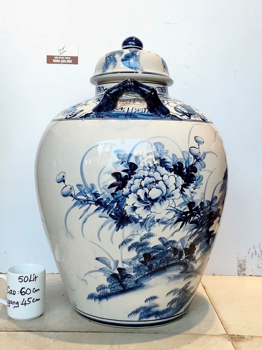 Chum rượu, mã VR204, vò rượu, vẽ tay cảnh chim hoa, chum sành ngâm rượu ngon, 50 lit, gốm sứ bát tràng, tinh vân
