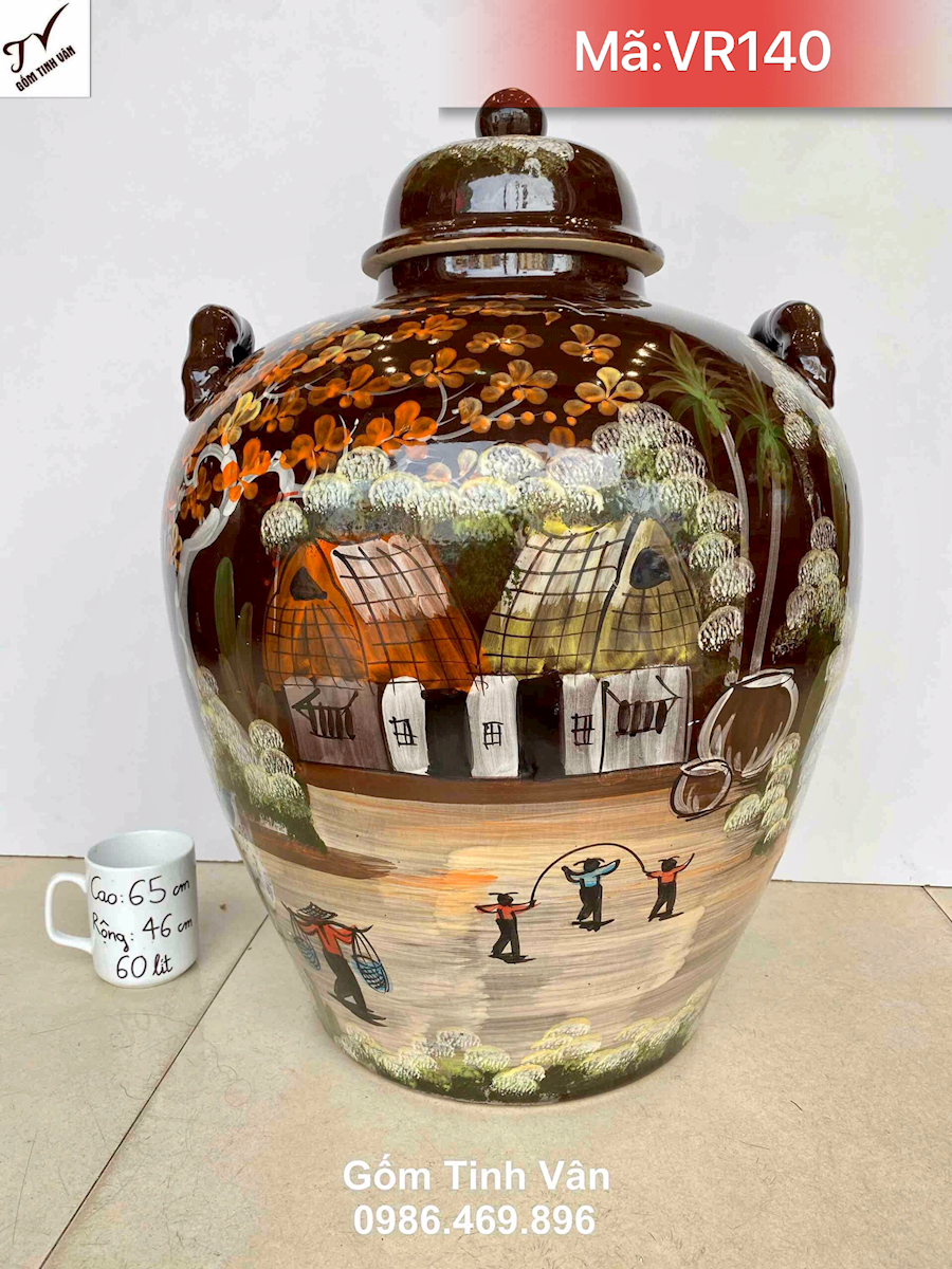 Bình ngâm rượu 50 lit nâu gỗ gụ vẽ làng quê, mã VR140, chum rượu ngon, trưng bày đẹp, làm mát rượu, khử andehit, hũ rượu gốm sứ bát tràng tinh vân, cao 65 rộng 46 cm
