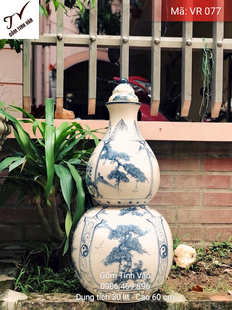 Hồ lô rượu 30 lit, mã VR 077,cao 60 cm, men rạn cổ, hoa văn vẽ tay cảnh tứ quý tùng cúc trúc mai, gốm bát tràng tinh vân
