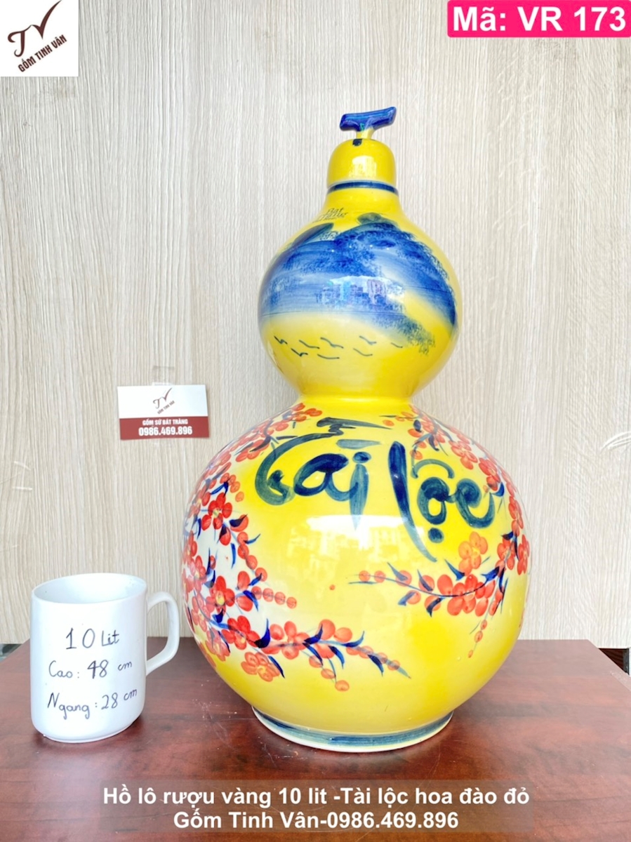 Hồ lô rượu men vàng hoa đào đỏ 10 lit, mã VR173, bình rượu tài lộc phong thủy, hũ sành ngâm rượu ngon, dáng hồ lô trái bầu, cao 48 ngang 28 cm, gốm sứ bát tràng tinh vân
