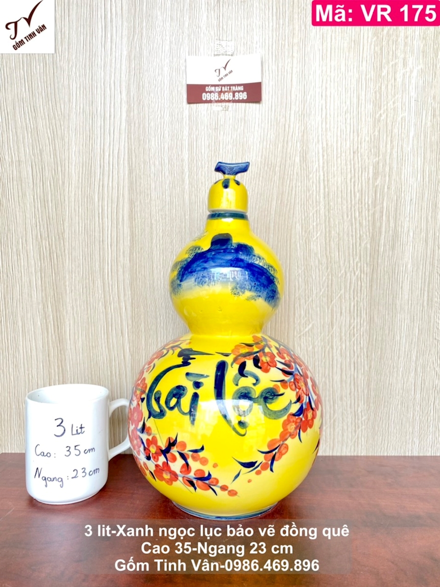 Hồ lô rượu men vàng tài lộc hoa đào đỏ 3 lit, mã VR175, bình rượu tài lộc phong thủy, hũ sành ngâm rượu ngon, dáng hồ lô trái bầu, cao 35 ngang 23 cm, gốm sứ bát tràng tinh vân