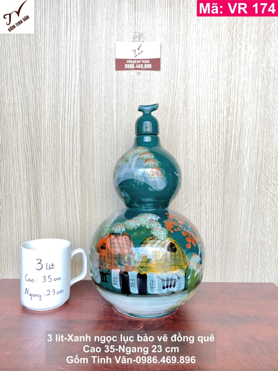 Hồ lô rượu xanh ngọc lục bảo vẽ cảnh đồng quê 3 lit, mã VR174, bình rượu tài lộc phong thủy, hũ sành ngâm rượu ngon, dáng hồ lô trái bầu, cao 35 ngang 23 cm, gốm sứ bát tràng tinh vân