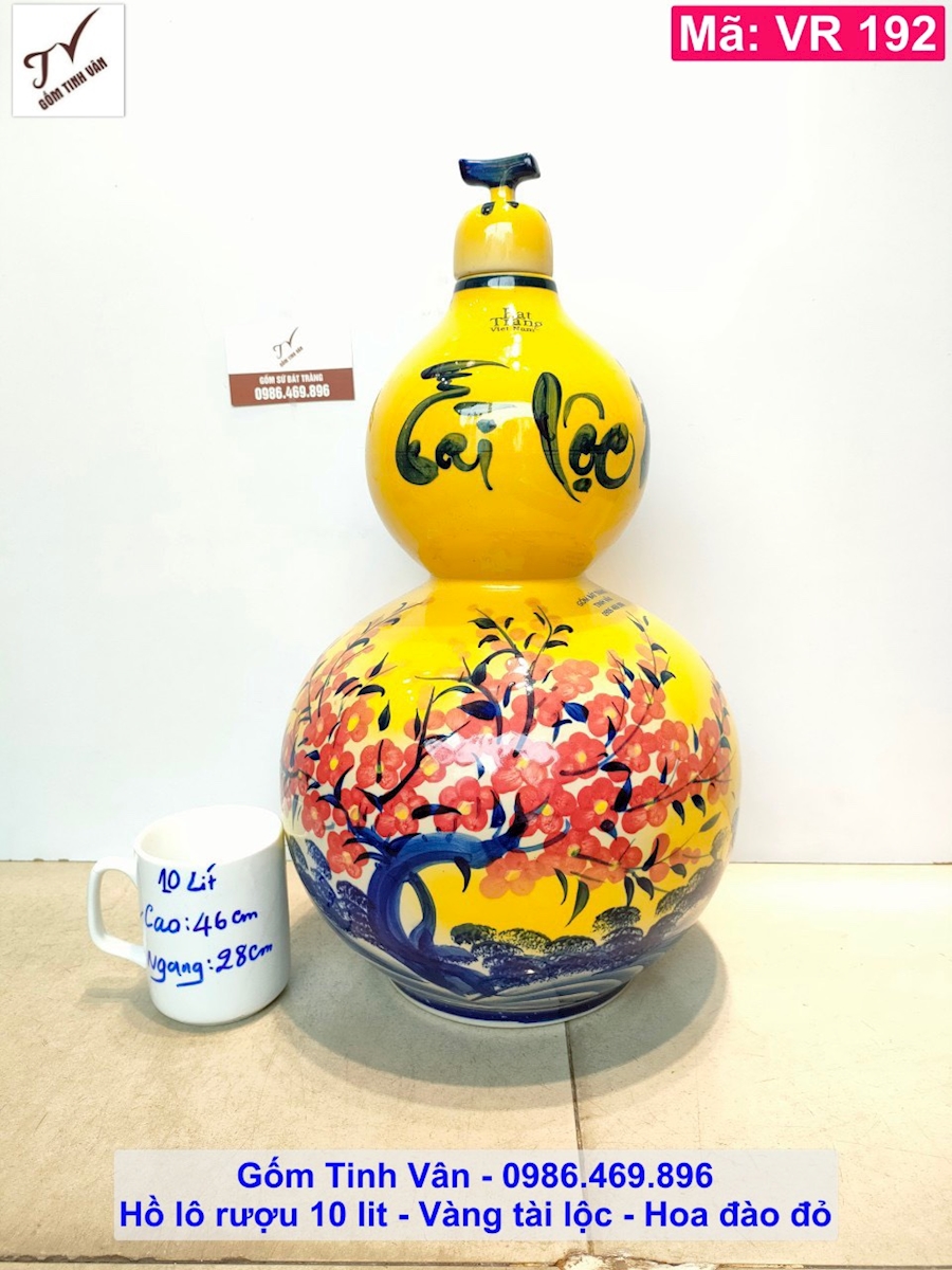 Hồ lô rượu 10 lit, mã VR192, vàng tài lộc hoa đào đỏ, bình rượu, gốm bát tràng tinh vân