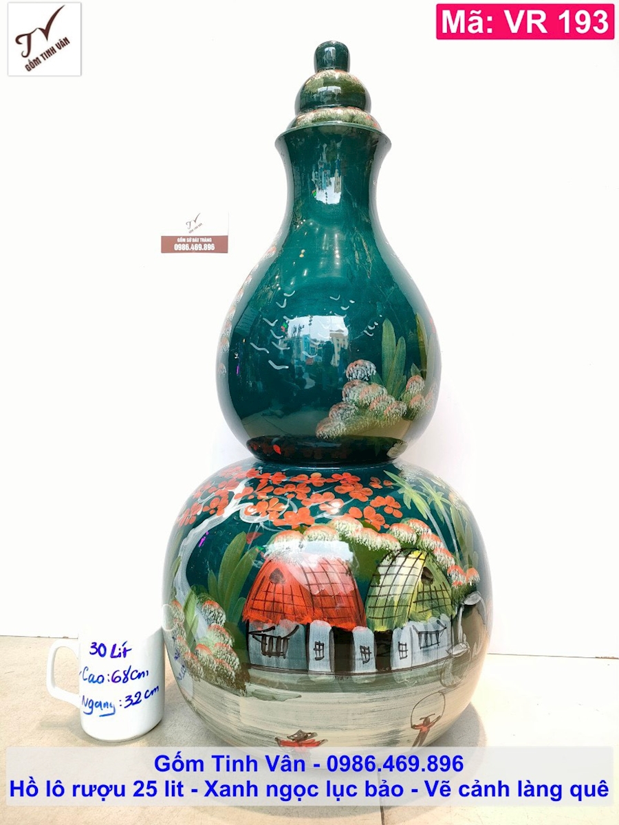 Hồ lô rượu 25 lit, mã VR193, xanh ngọc lục bảo, vẽ cảnh làng quê, bình rượu, gốm bát tràng tinh vân