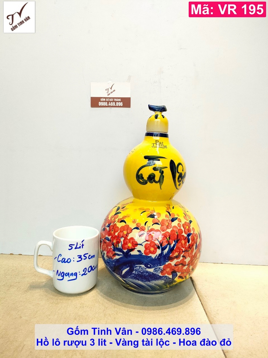 Hồ lô rượu 3 lit, mã VR195, hũ rượu, chum sành, vàng tài lộc hoa đào đỏ, gốm bát tràng tinh vân