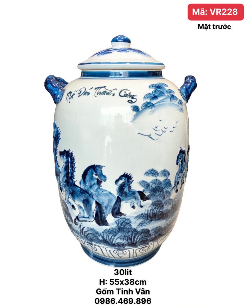 Bình bí ngâm rượu 30 lit, mã VR228, hoạ tiết mã đáo thành công đắp nổi 3D, hoa văn trắng xanh lam, gốm Bát Tràng Tinh Vân