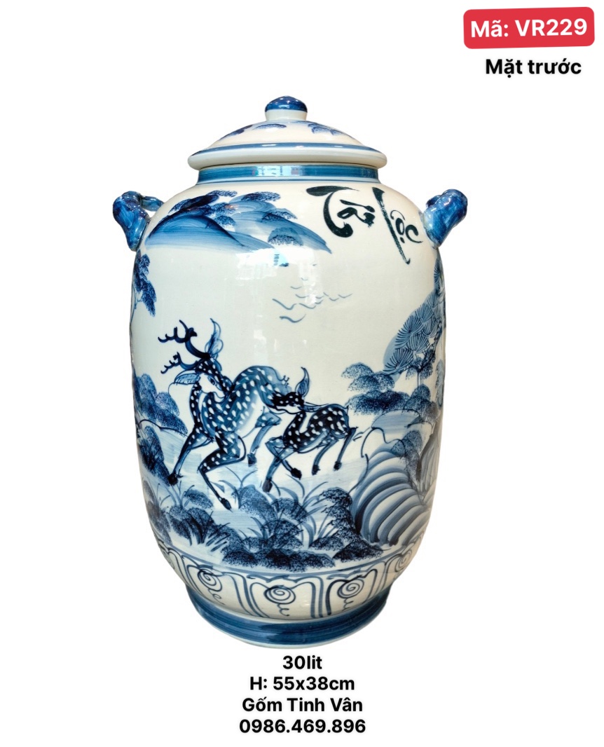 Bình bí ngâm rượu 30 lit, mã VR229, hoạ tiết hưu sao tài lộc, hoa văn trắng xanh lam, gốm Bát Tràng Tinh Vân