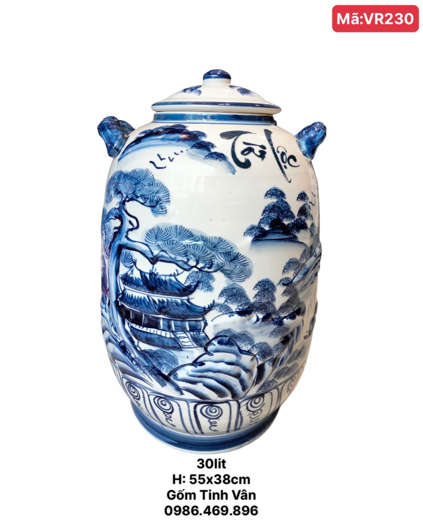 Bình bí ngâm rượu 30 lit, mã VR230, hoạ tiết đắp nổi 3D, hoa văn trắng xanh lam, gốm Bát Tràng Tinh Vân