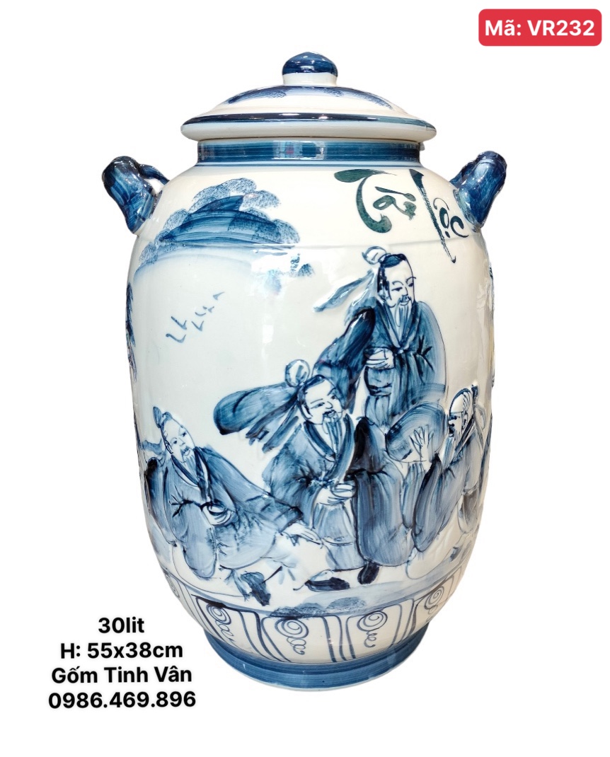 Bình bí ngâm rượu 30 lit, mã VR232,hoạ tiết đắp nổi 3D, hoa văn trắng xanh lam, gốm Bát Tràng Tinh Vân