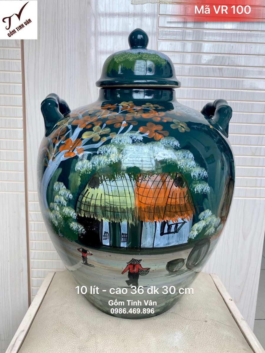 Vò ngâm rượu men xanh lục sang trọng, mã VR100, cảnh đồng quê vẽ tay, dung tích 10 lít, không vòi, cao 36 đk 30 cm, có 2 tai xách, ngâm rượu ngon, làm mát rượu, gốm tinh vân bát tràng