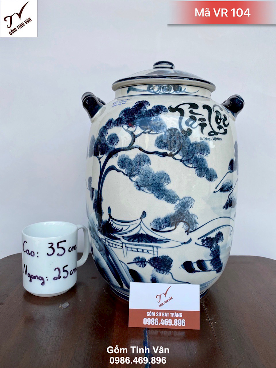 Vò rượu 10 lit, mã VR104, dáng bí, vẽ tay cảnh chim hoa, ngâm rượu ngon, làm mát rượu, cao 35 dk 25 cm, có 2 tai xách tiện dụng, gốm bát tràng tinh vân