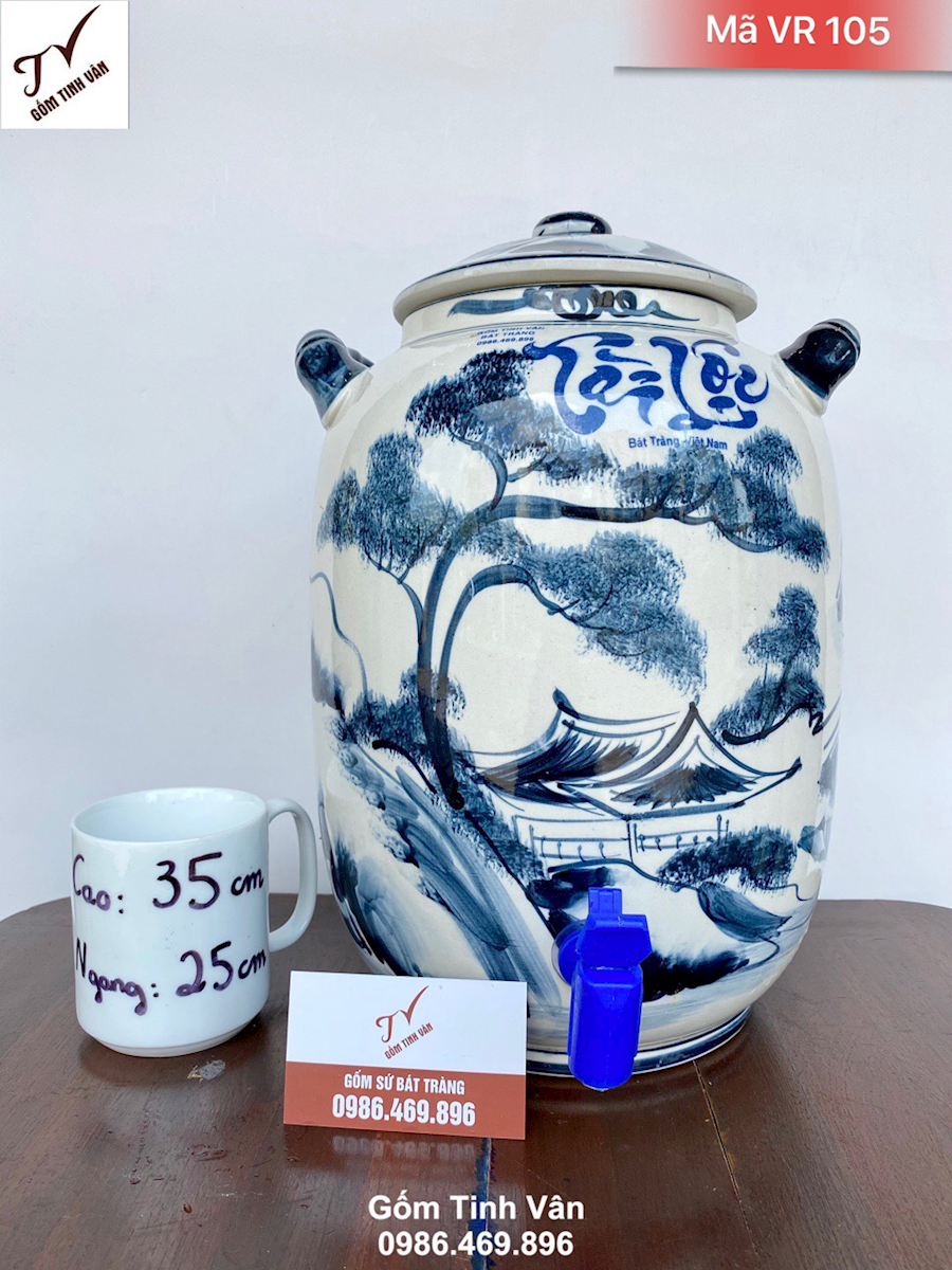 Vò rượu, bình nước lọc 10 lít, có van, mã VR105, cao 35 đk 25 cm, đựng nước lọc sạch sẽ, ngâm rượu ngon, làm mát rượu, có 2 tai xách tiện dụng, gốm bát tràng