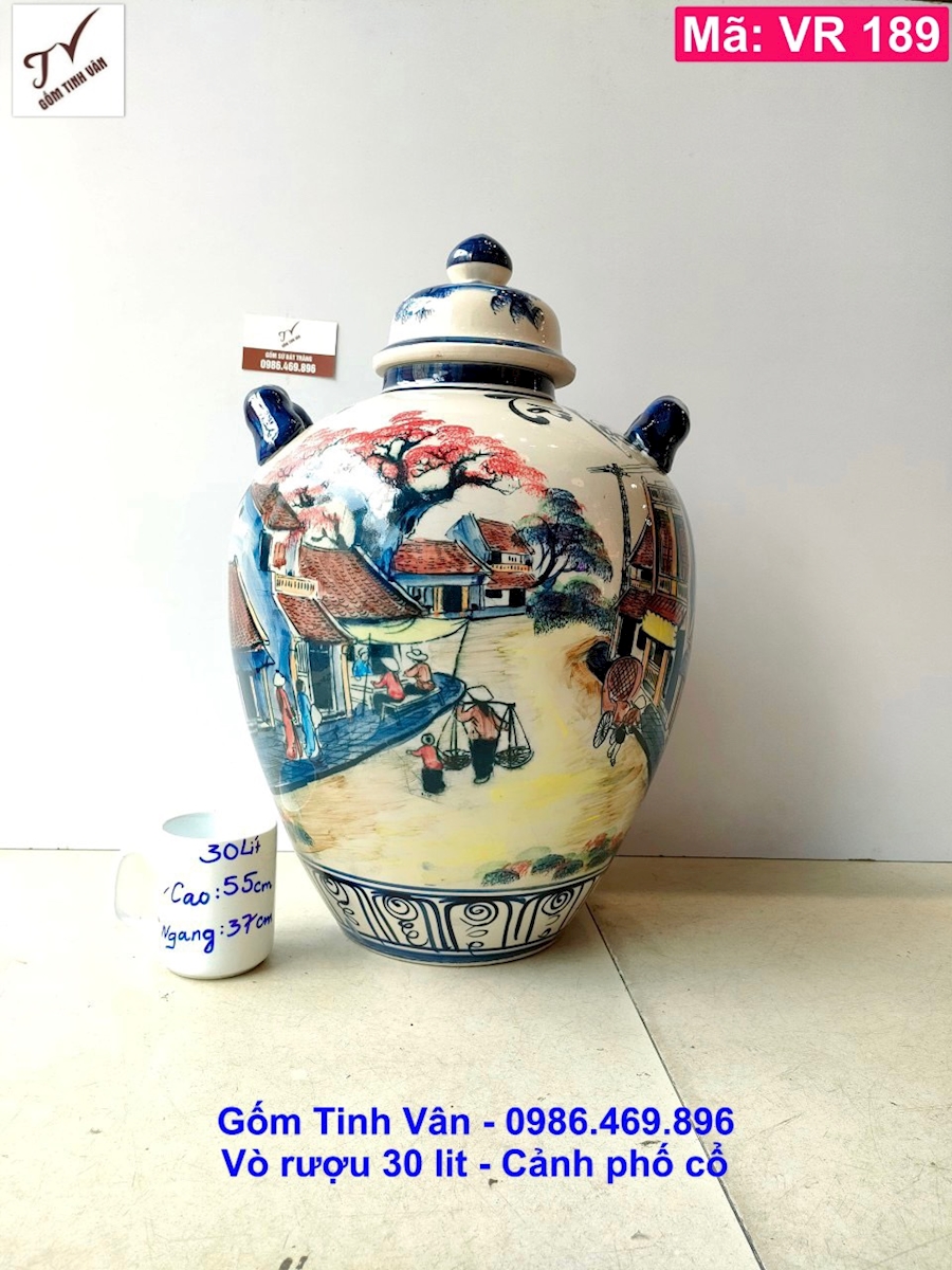 Vò rượu 30 lit, mã VR189, cảnh phố cổ, chum sành ngâm rượu, gốm bát tràng tinh vân