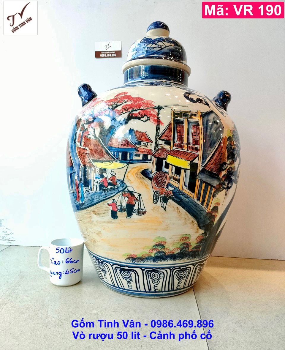 Vò rượu 50 lit, mã VR190, vẽ tay cảnh phố cổ, bình sành ngâm rượu, gốm bát tràng tinh vân