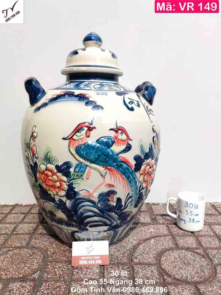 Bình ngâm rượu mã VR149, dung tích 30 lit, cảnh chim hoa đắp nổi 3D, gốm sứ Bát Tràng-Tinh Vân cao cấp, ngâm rượu ngon, làm mát rượu, khử andehit