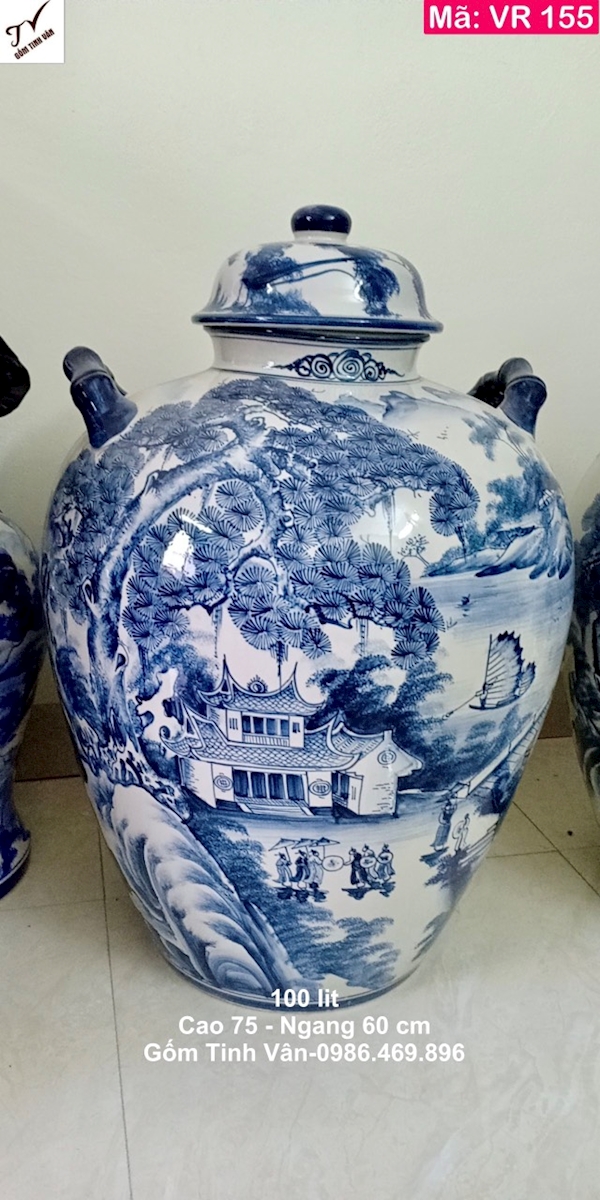 Chum sành ngâm rượu 100 lit, mã VR155, bình đựng rượu đẹp, vẽ tay cảnh sơn thủy hữu tinh, chất liệu gốm sứ Bát Tràng Tinh Vân