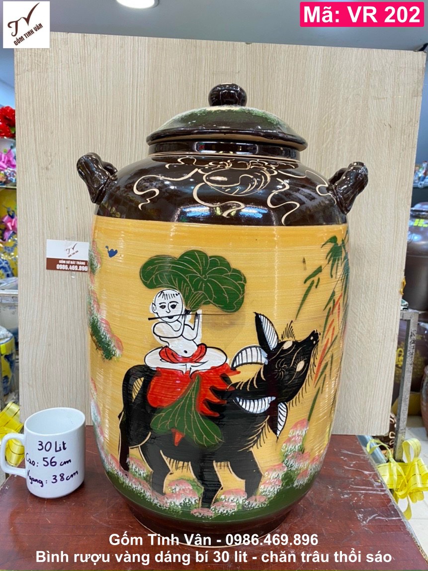 Chum ngâm rượu 30 lit, mã VR202, dáng bí, màu vàng cảnh chăn trâu thổi sáo, gốm sứ bát tràng tinh vân