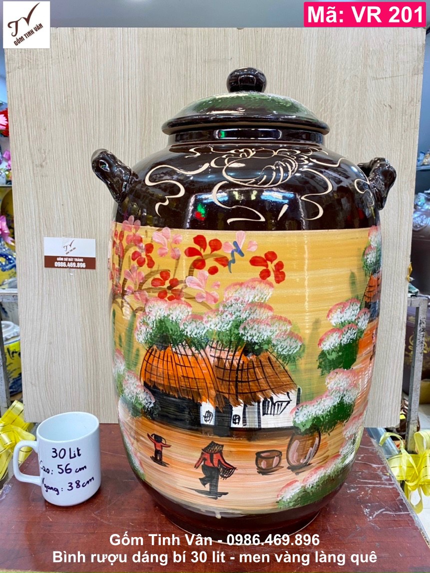 Bình ngâm rượu 30 lit, dáng bí, mã VR201, men vàng vẽ cảnh làng quê, gốm sứ bát tràng tinh vân