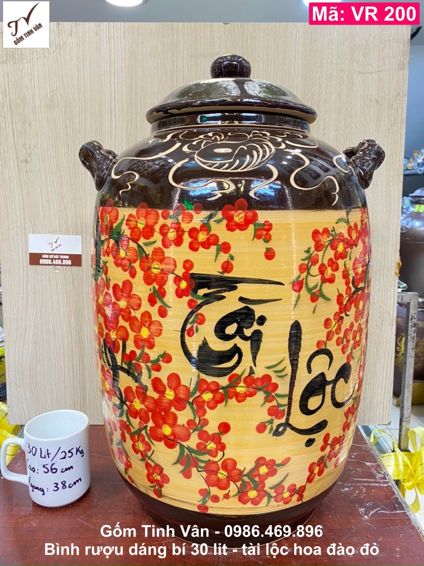 Bình ngâm rượu 30 lit, dáng bí, men vàng tài lộc hoa đào đỏ, gốm sứ bát tràng, tinh vân