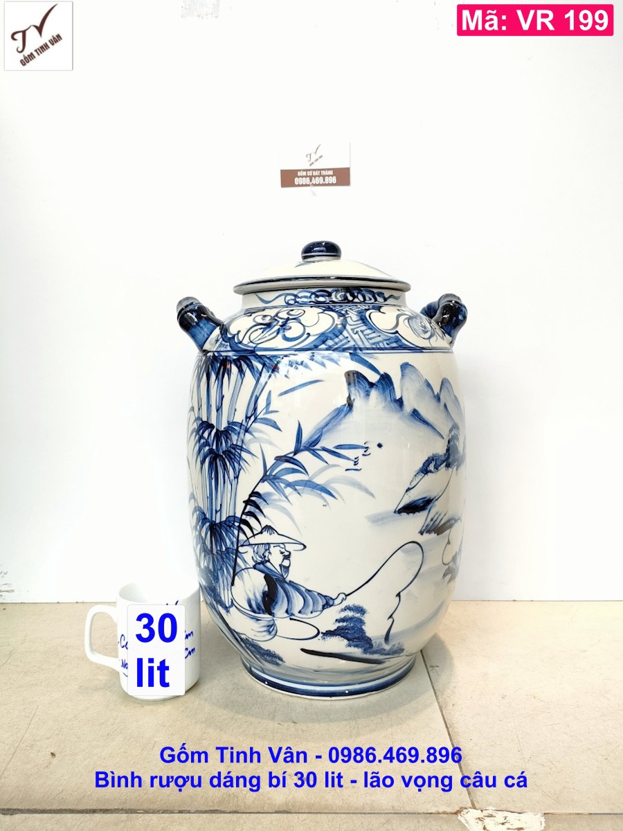 Chum ngâm rượu dáng bí 30 lit, mã VR199, vẽ cảnh lão vọng câu cá, gốm bát tràng tinh vân