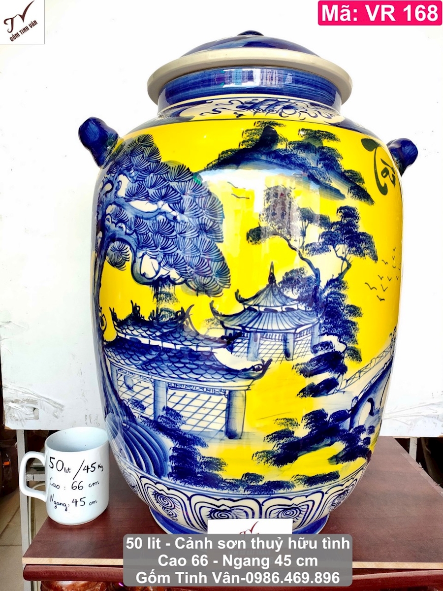 Bình ngâm rượu, chum sành ngâm rượu dáng bí, dung tích 50 lit, mã VR168, men vàng, vẽ tay cảnh sơn thủy hữu tình, ngâm rượu ngon, khử độc, cao 66 ngang 45, đường kính miệng 22 cm, gốm sứ bát tràng tinh vân