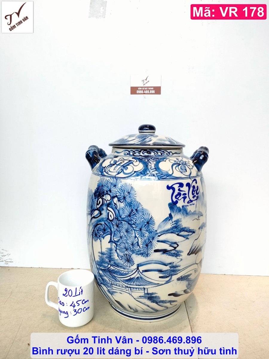 Bình ngâm rượu ngon, vò rượu dáng bí, mã VR178, dung tích 20 lit, men trắng, hoa văn vẽ tay, gốm sứ bát tràng tinh vân