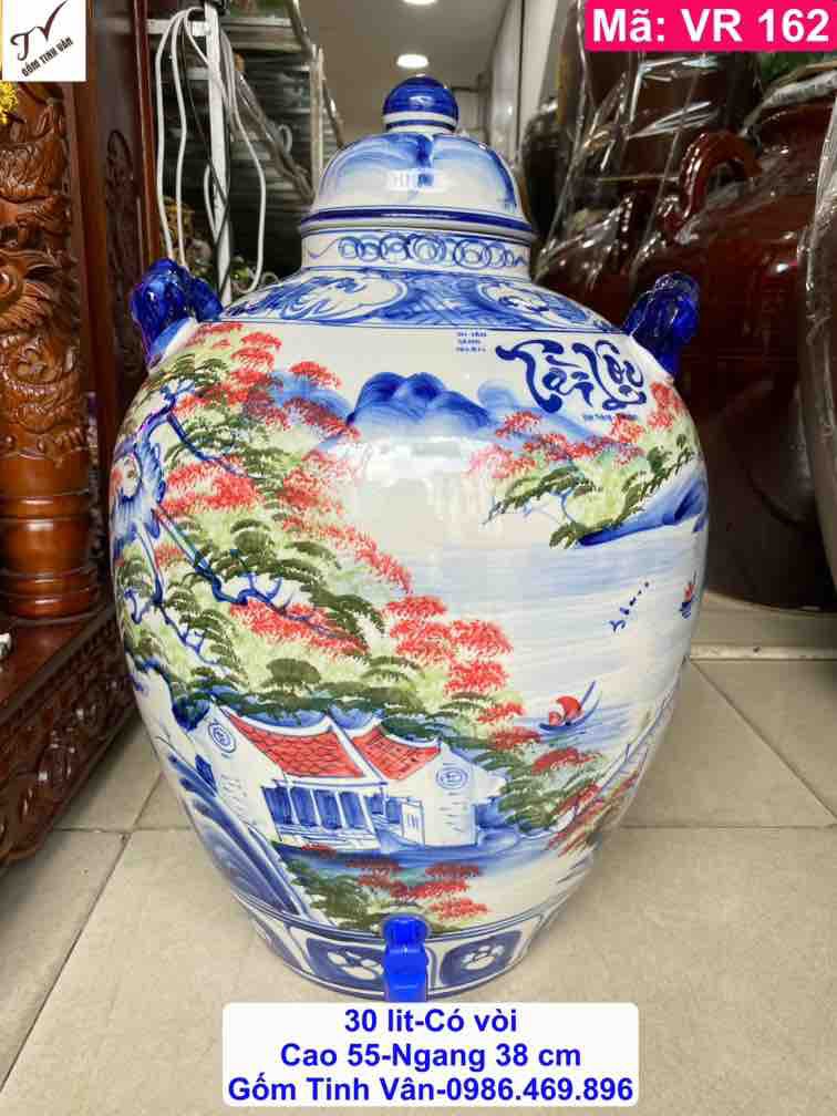 Chum sành ngâm rượu ngoan, mã VR162, dung tích 30 lit, có vòi, bình ngâm rượu đẹp, vẽ tay hoa văn, cảnh sơn thủy hữu tình, gốm sứ bát tràng tinh vân