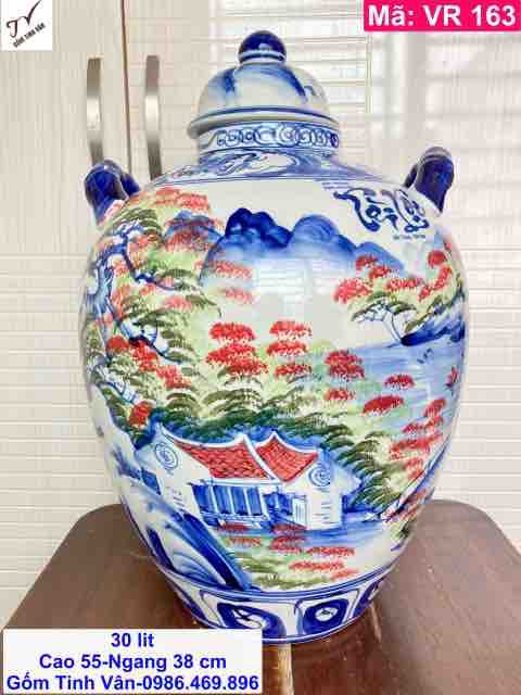 Chum sành ngâm rượu ngon, mã VR163, dung tích 30 lit, bình ngâm rượu đẹp, vẽ tay, cảnh sơn thủy hữu tình, gốm sứ bát tràng tinh vân