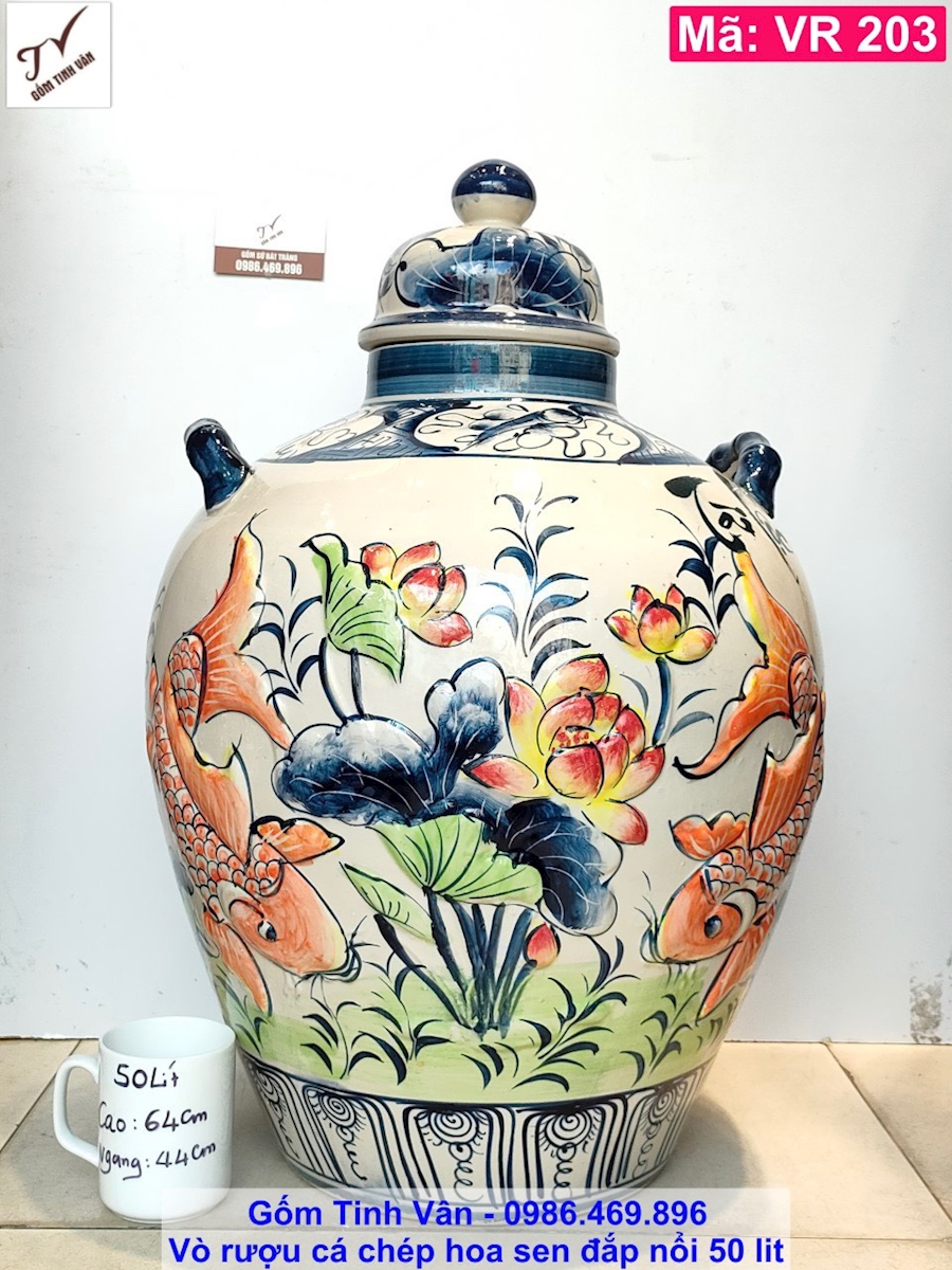 Chum ngâm rượu 50 lit, mã VR203, vò rượu hoa văn, cá chép hoa sen đắp nổi 3D, gốm sứ bát tràng tinh vân