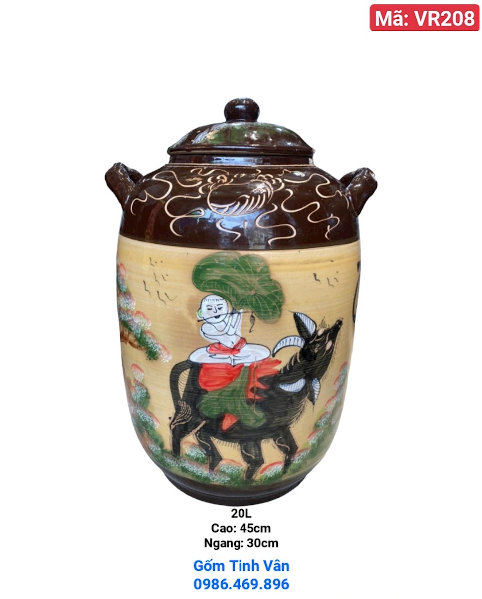 Chum ngâm rượu 20 lit, dáng bí, mã VR208, cao 56cm ngang 36 cm, ngâm rượu ngon, làm mát rượu, hoa văn vẽ tay, có 2 tai xách tiện dụng, gốm bát tràng tinh vân