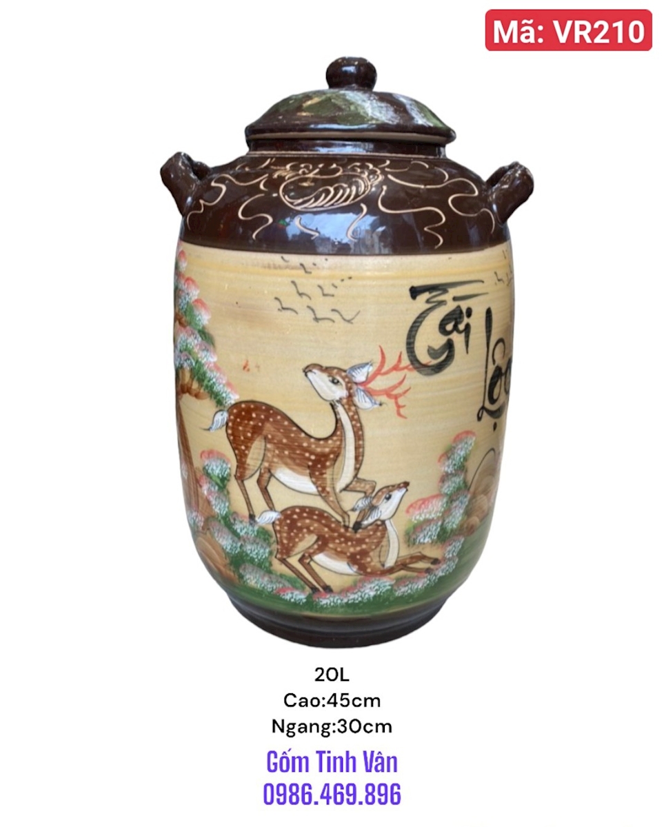 Chum ngâm rượu 20 lit, dáng bí mã VR210, cao 45cm ngang 35cm, ngâm rượu ngon, làm mát rượu, hoa văn vẽ tay, có 2 tai xách tiện dụng, gốm bát tràng tinh vân
