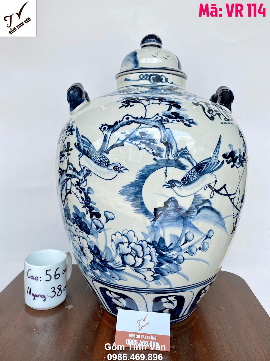 Chum ngâm rượu 30 lit, dáng tròn, mã VR114, cao 56 đk 38 cm, ngâm rượu ngon, làm mát rượu, hoa văn chim hoa vẽ tay, có 2 tai xách tiện dụng, gốm bát tràng tinh vân