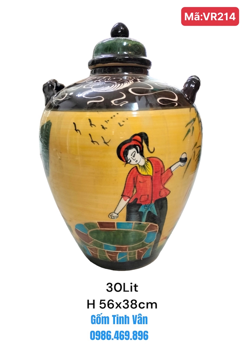 Bình sành ngâm rượu 30 lit-Mã VR214-màu vàng, cảnh cô tấm, gốm sứ Bát Tràng Tinh Vân