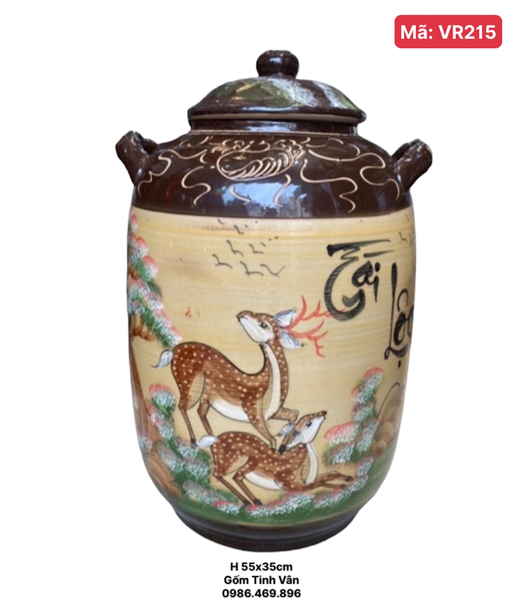 Chum sành, bình ngâm rượu 30 lit, mã VR215, cảnh hươu nai vàng, gốm sứ Bát Tràng Tinh Vân