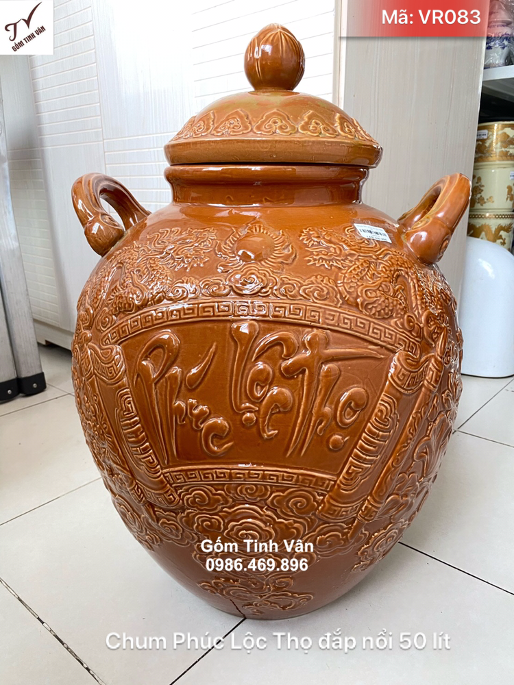 Chum ngâm rượu phúc lộc thọ, đắp nổi 3D, mã VR083, dung tích 50 lit, ngâm rượu ngon, khử độc, trưng bày đẹp, men nâu da lươn, ý nghĩa phong thuỷ, mang tài lộc đến gia chủ, vò rượu bát tràng tinh vân