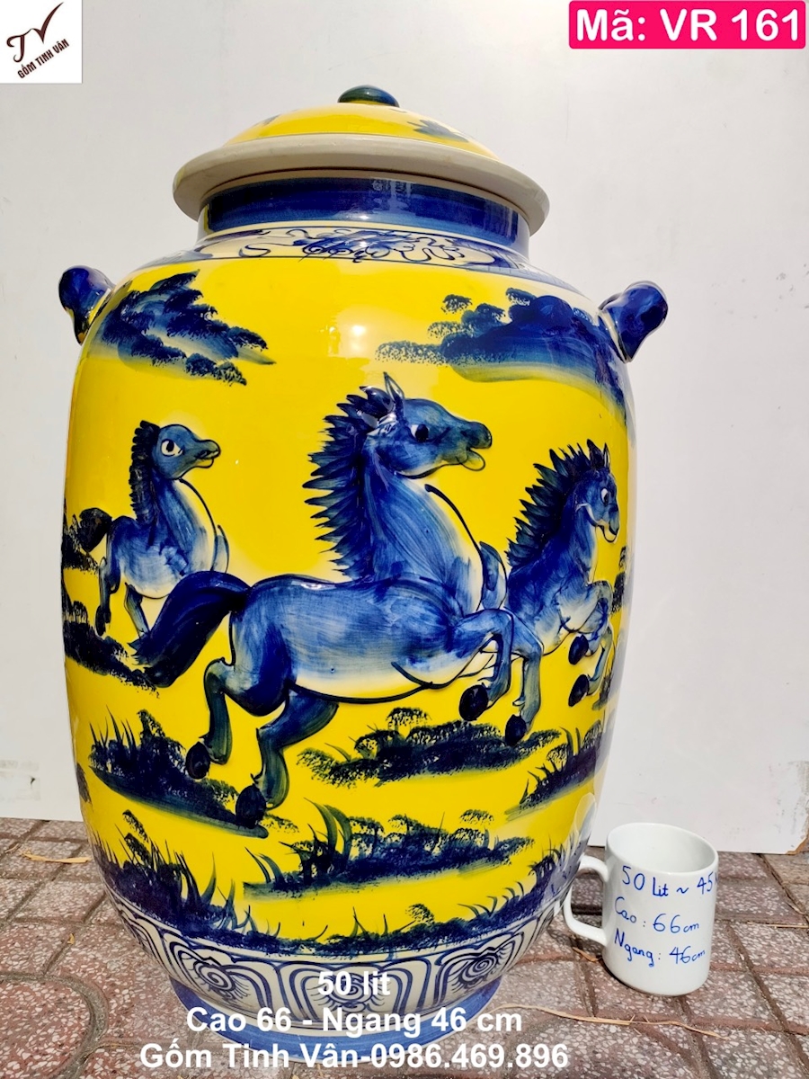 Chum sành ngâm rượu 50 lit mã VR161, hoa văn mã đáo thành công đắp nổi 3D, màu vàng, bình đựng rượu đẹp giá rẻ gốm sứ bát tràng tinh vân