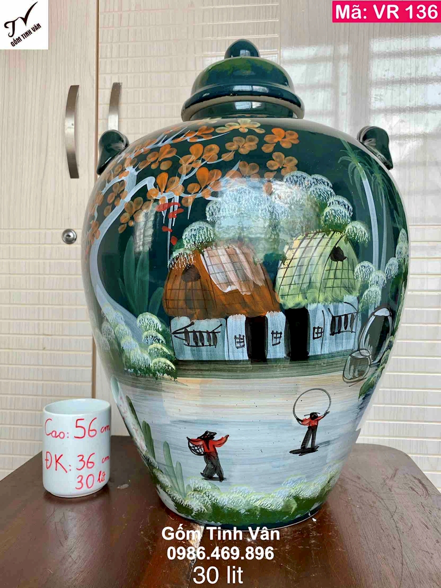 Bình ngâm rượu men xanh lục bảo, mã VR136, hoa văn đồng quê vẽ tay, cao 56, rộng 36 cm, dung tích 30 lit, ngâm rượu ngon, trưng bày đẹp, độ bền cao, sạch sẽ, làm mát rượu, gốm bát tràng cao cấp