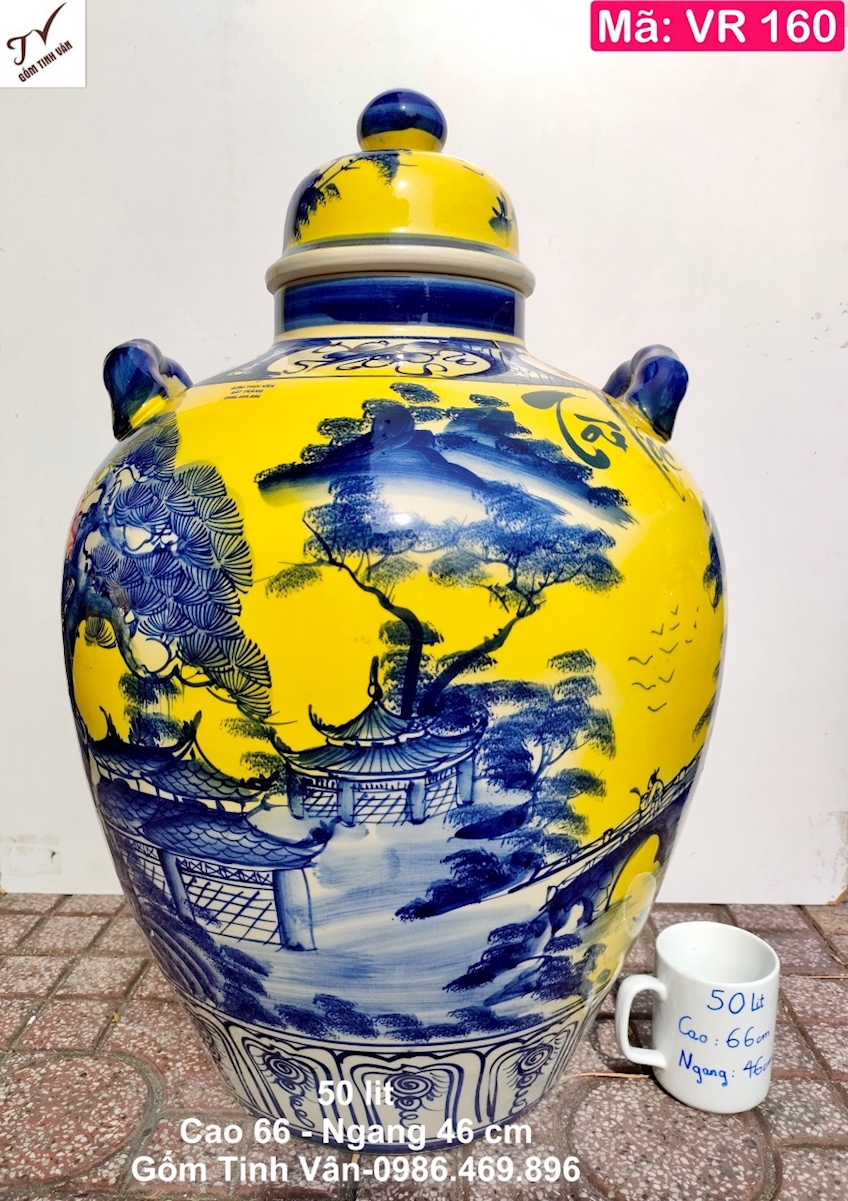 Bình đựng rượu đẹp màu vàng, mã VR160, vẽ cảnh sơn thủy hữu tình, lu sành ngâm rượu ngon, giá rẻ, gốm sứ bát tràng tinh vân