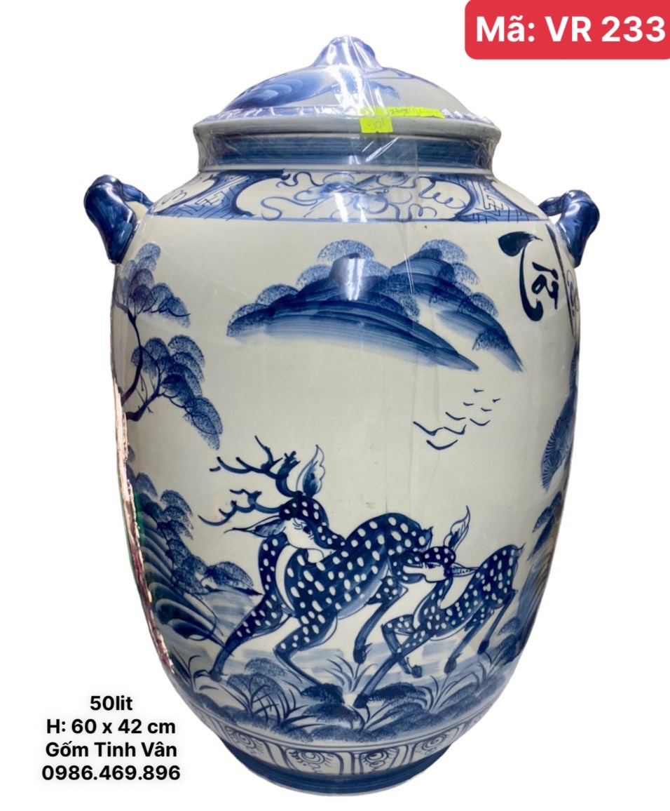 Bình ngâm rượu 50 lit, mã VR233, cảnh tùng hươu, chum sành ngâm rượu ngon, gốm sứ bát tràng tinh vân
