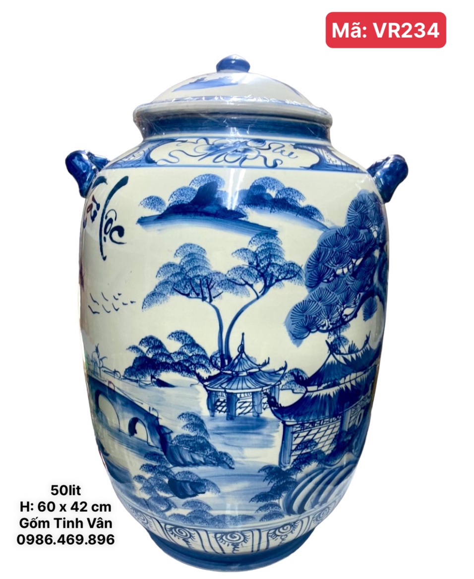 Bình ngâm rượu 50 lit, mã VR234, cảnh sơn thủy hữu tình, chum sành ngâm rượu ngon, gốm sứ bát tràng tinh vân