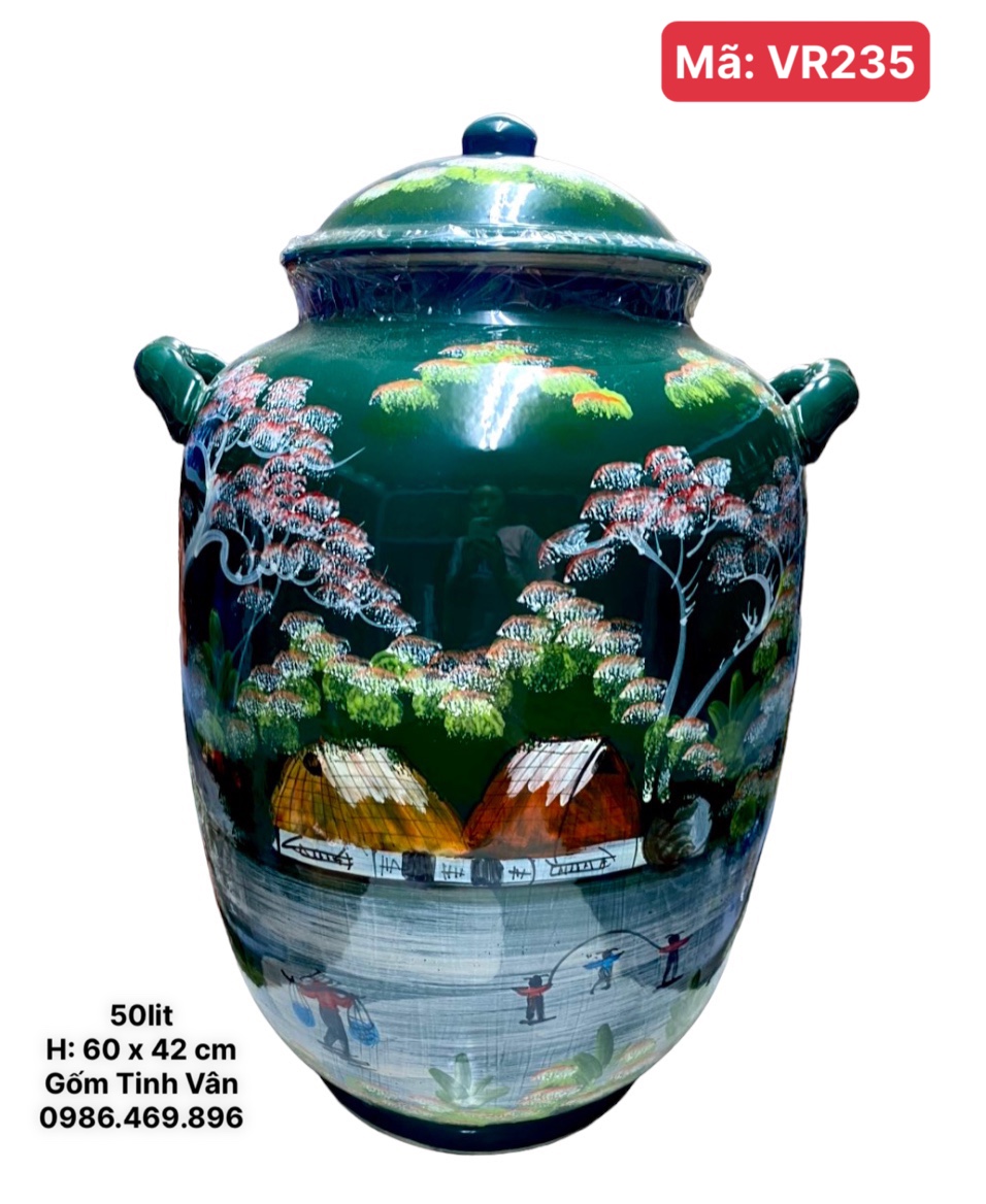Bình ngâm rượu 50 lit, mã VR234, xanh ngọc lục bảo, cảnh đồng quê, chum sành ngâm rượu ngon, gốm sứ bát tràng tinh vân
