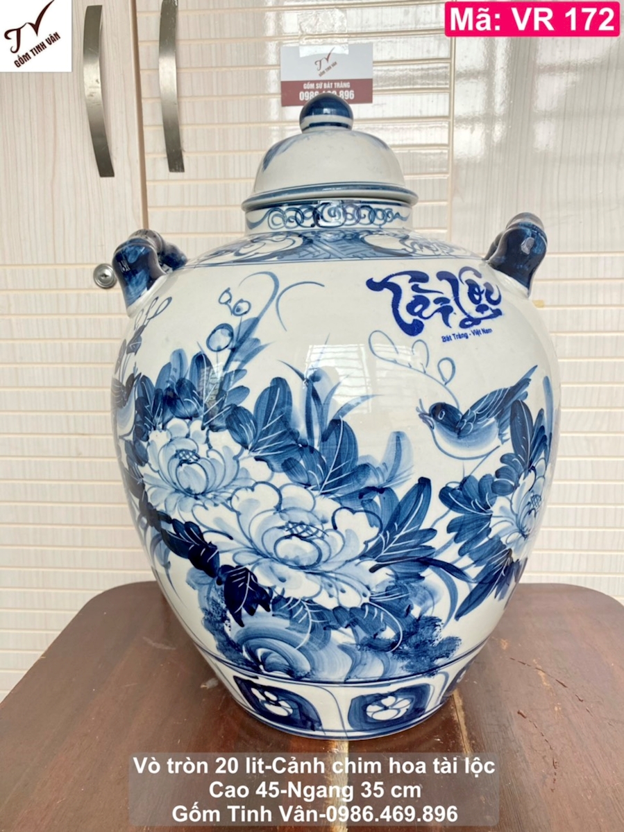 Bình ngâm rượu đẹp 20 lit, mã VR172, vẽ tay cảnh chim hoa tài lộc, cao 45 ngang 35 cm, chum sành đựng rượu loại tốt, giá rẻ, có 2 quai xách, gốm sứ bát tràng tinh vân
