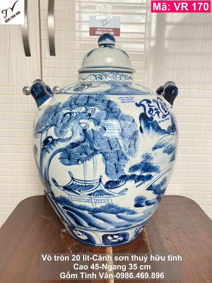 Bình ngâm rượu đẹp 20 lit, mã VR170, vẽ tay cảnh sơn thủy hữu tình, cao 45 ngang 35 cm, chum sành đựng rượu loại tốt, giá rẻ, có 2 quai xách, gốm sứ bát tràng tinh vân