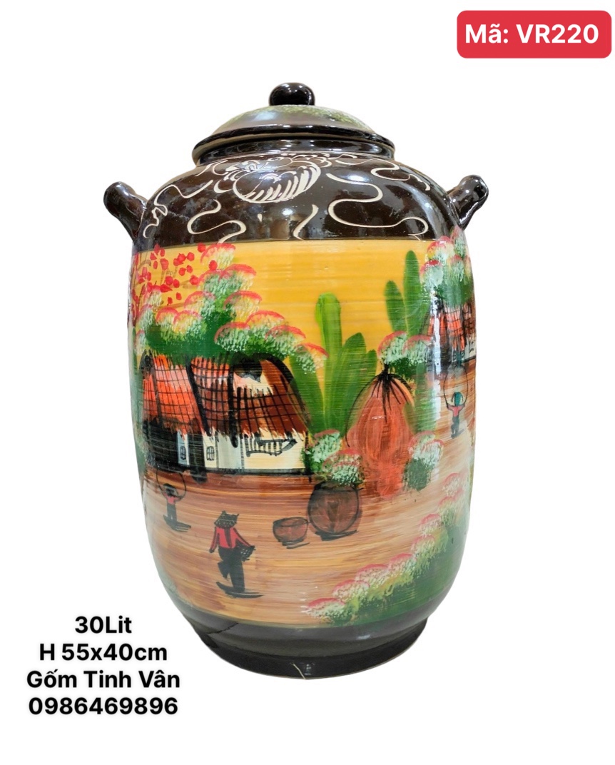 Bình ngâm rượu 30 lit, mã VR220, vàng đồng quê, gốm Bát Tràng, Tinh Vân