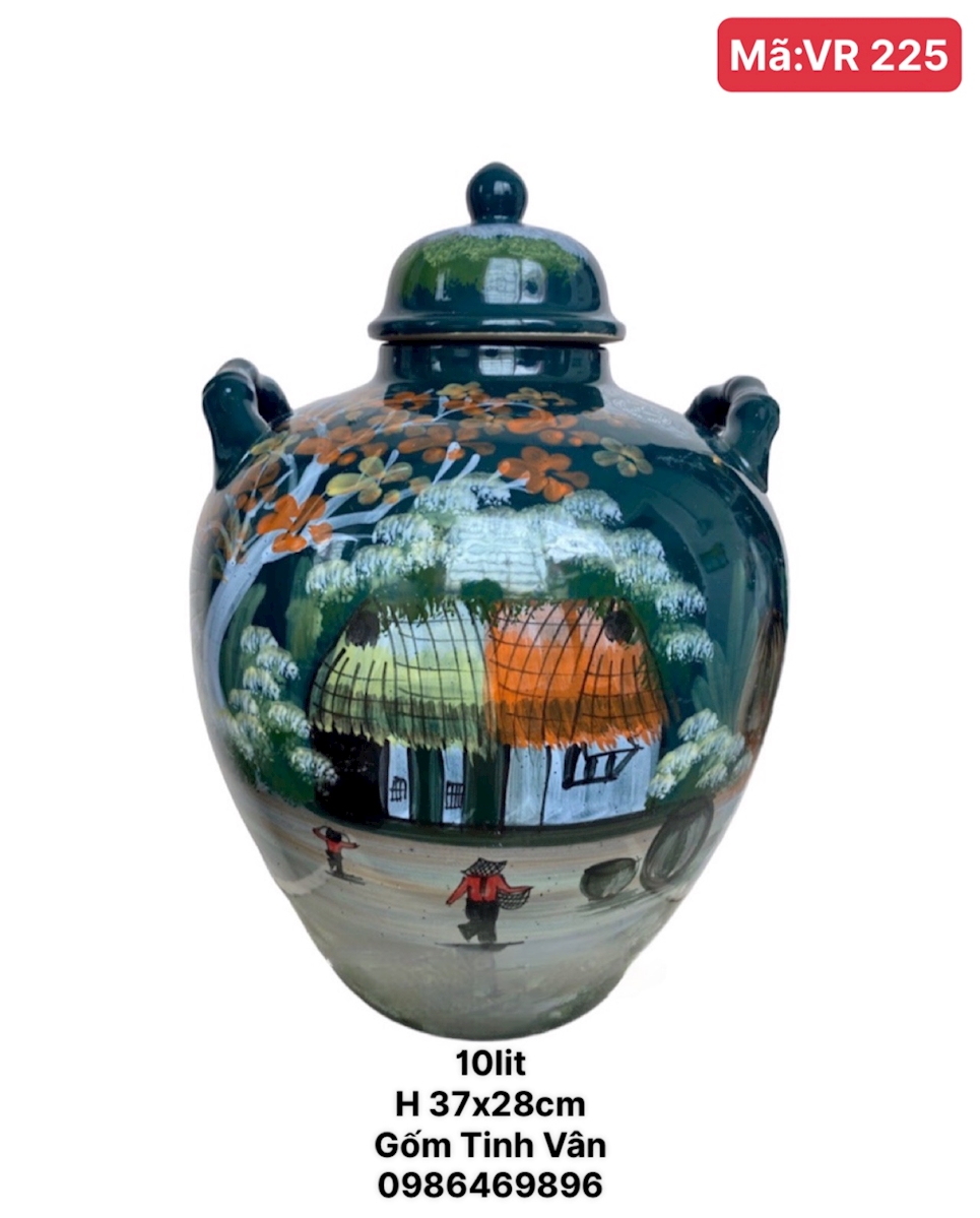Vò ngâm rượu 10 lit, mã VR225, xanh đồng quê, gốm sứ Bát Tràng Tinh Vân