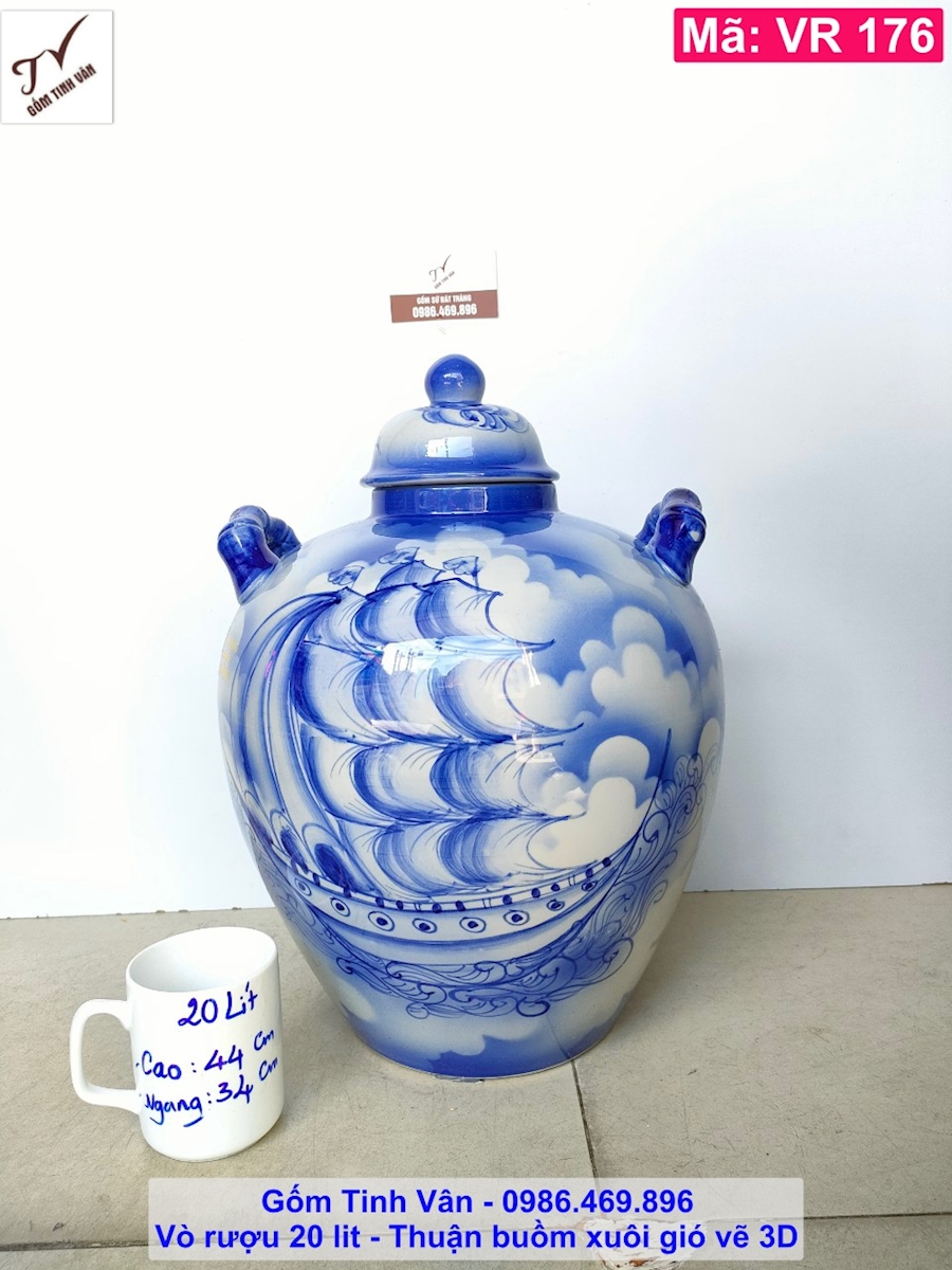 Vò rượu, chum sành, bình gốm ngâm rượu 20 lit, mã VR176, ngâm rượu ngon, cảnh thuận buồm xuôi gió vẽ 3D, gốm sứ bát tràng tinh vân