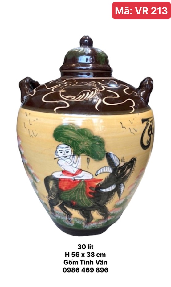 Vò rượu men vàng mã VR213, cảnh cậu bé cưỡi trâu thổi sáo, gốm sứ Bát Tràng Tinh Vân