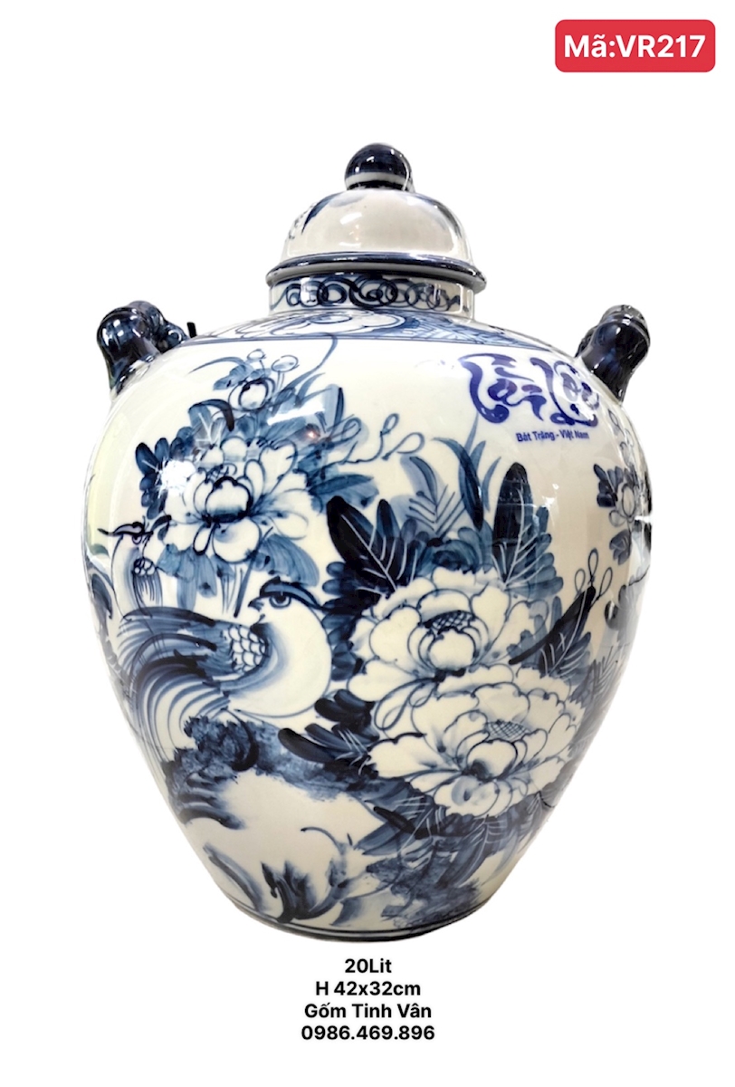 Chum ngâm rượu 20 lit, mã VR217, trắng chim hoa xanh lam, bình sành gốm Bát Tràng Tinh Vân
